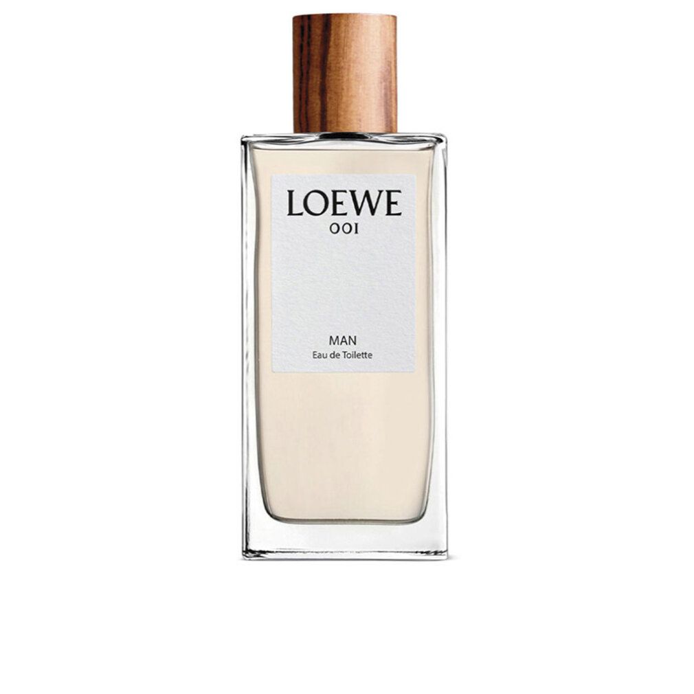Loewe 001 Man Eau de Toilette Spray. Rechteckiger Glasflakon mit Holzverschluss. Weißes Etikett mit Produktinformationen.