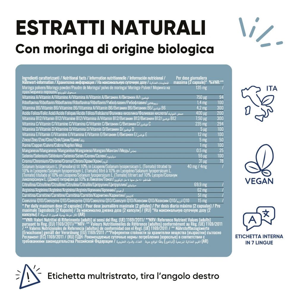 Tabellarische Nährwertangaben auf weißem Hintergrund. Text: Estratti Naturali, Vegan, Etichetta interna in 7 lingue.