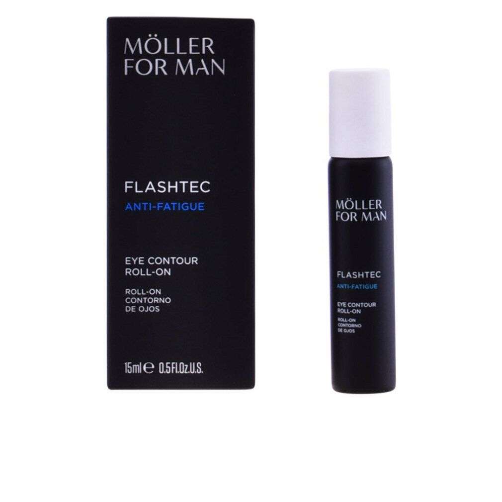 Schwarze Flasche mit weißem Deckel. Text: Möller For Man, Flashtec Anti-Fatigue Eye Contour Roll-On. 15ml.