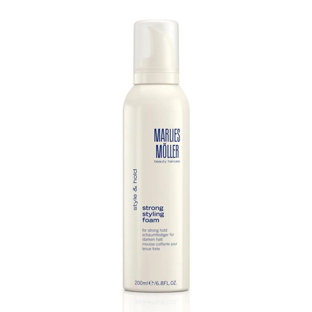 Weißes Haarstyling-Schaum-Fläschchen mit blauem Logo. Text: Marlies Möller, Style & Hold, strong styling foam. 200ml/6.8 fl.oz.