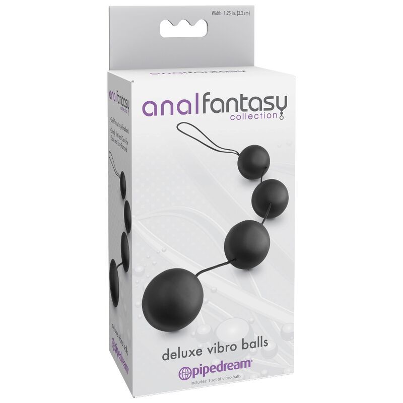 Verpackung mit Produkt. Aufschrift: Anal Fantasy Collection, Deluxe Vibro Balls. Marke: pipedream. Produkt mit vier schwarzen Kugeln.