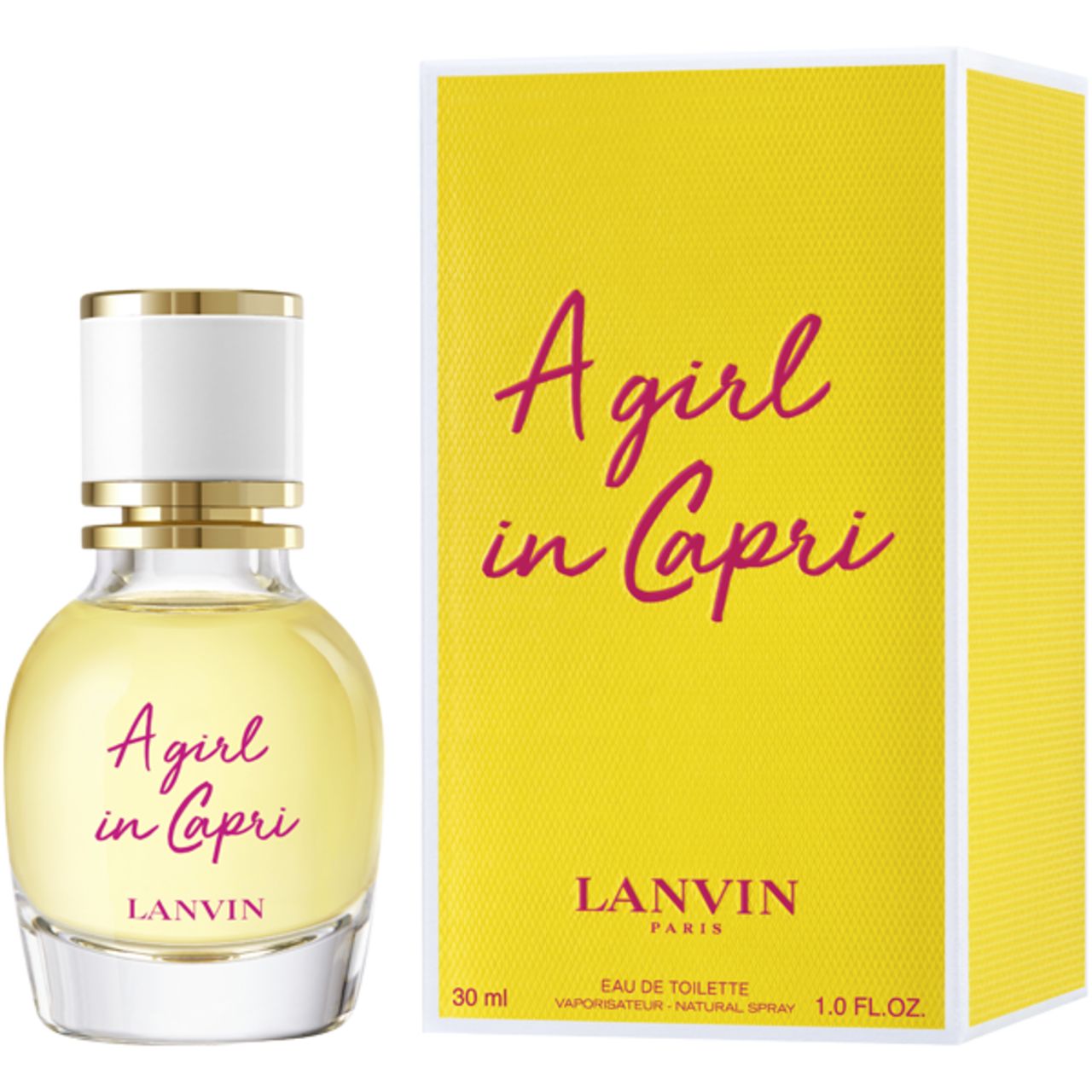 Parfümflakon und gelbe Schachtel. Aufschrift: A girl in Capri, LANVIN. Flakon mit gelber Flüssigkeit.