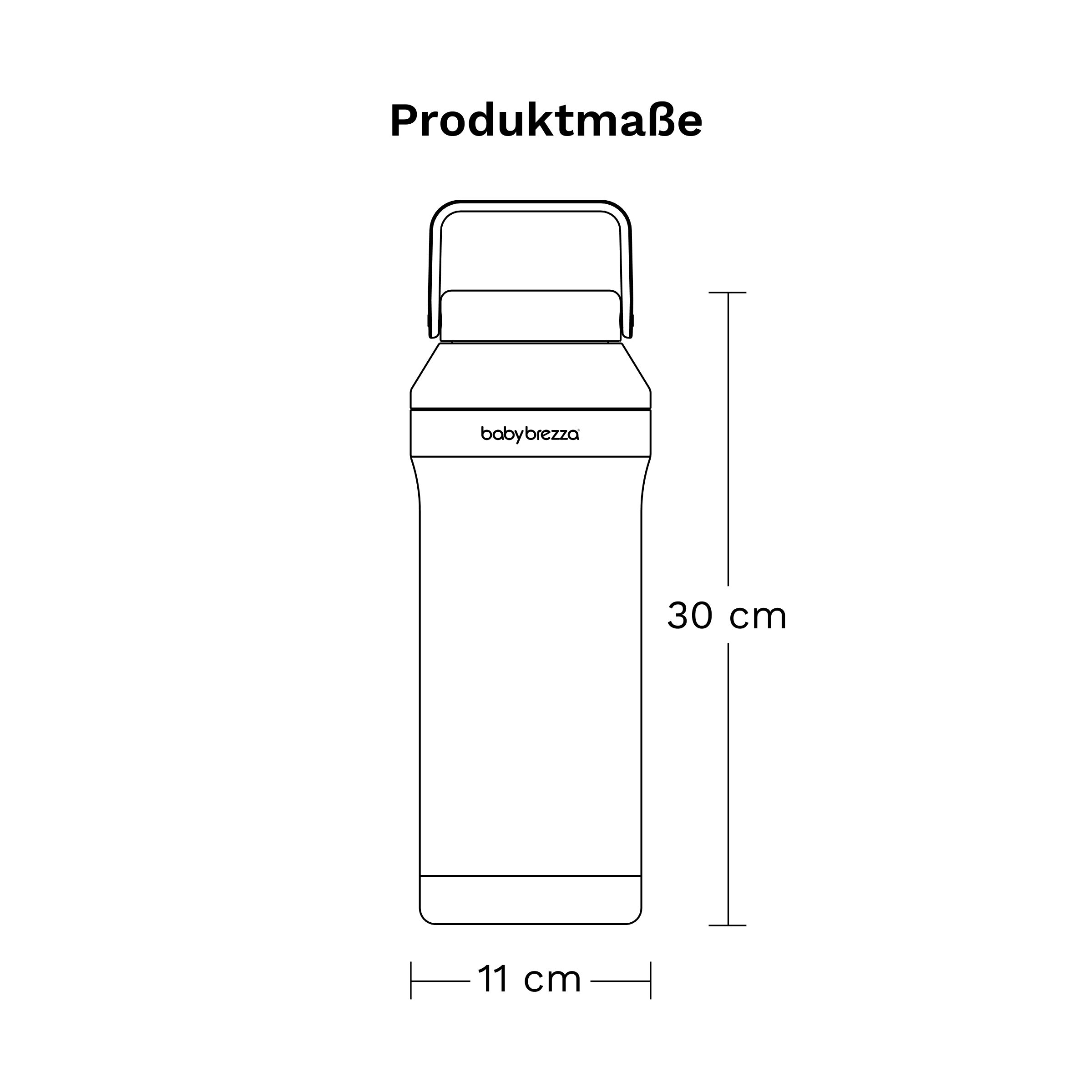 Technische Zeichnung einer Baby Brezza Thermosflasche mit Maßen: Höhe 30 cm, Breite 11 cm.