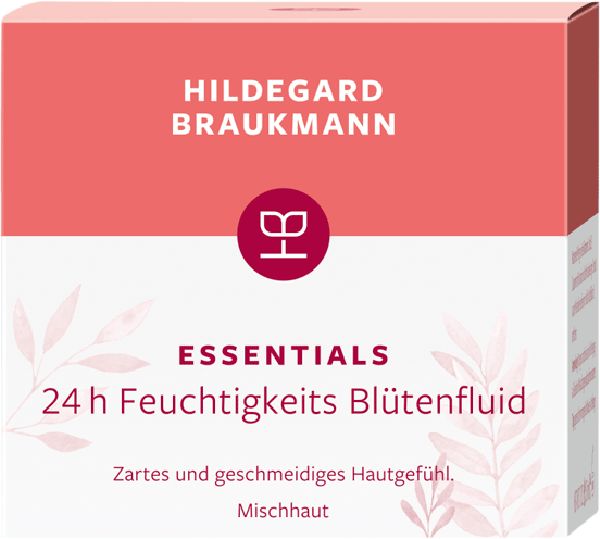 Weißer Tiegel mit rosafarbenem Deckel. Aufschrift: Hildegard Braukmann, Essentials 24h Feuchtigkeits Blütenfluid, 24h Moisturising Blossom Fluid.