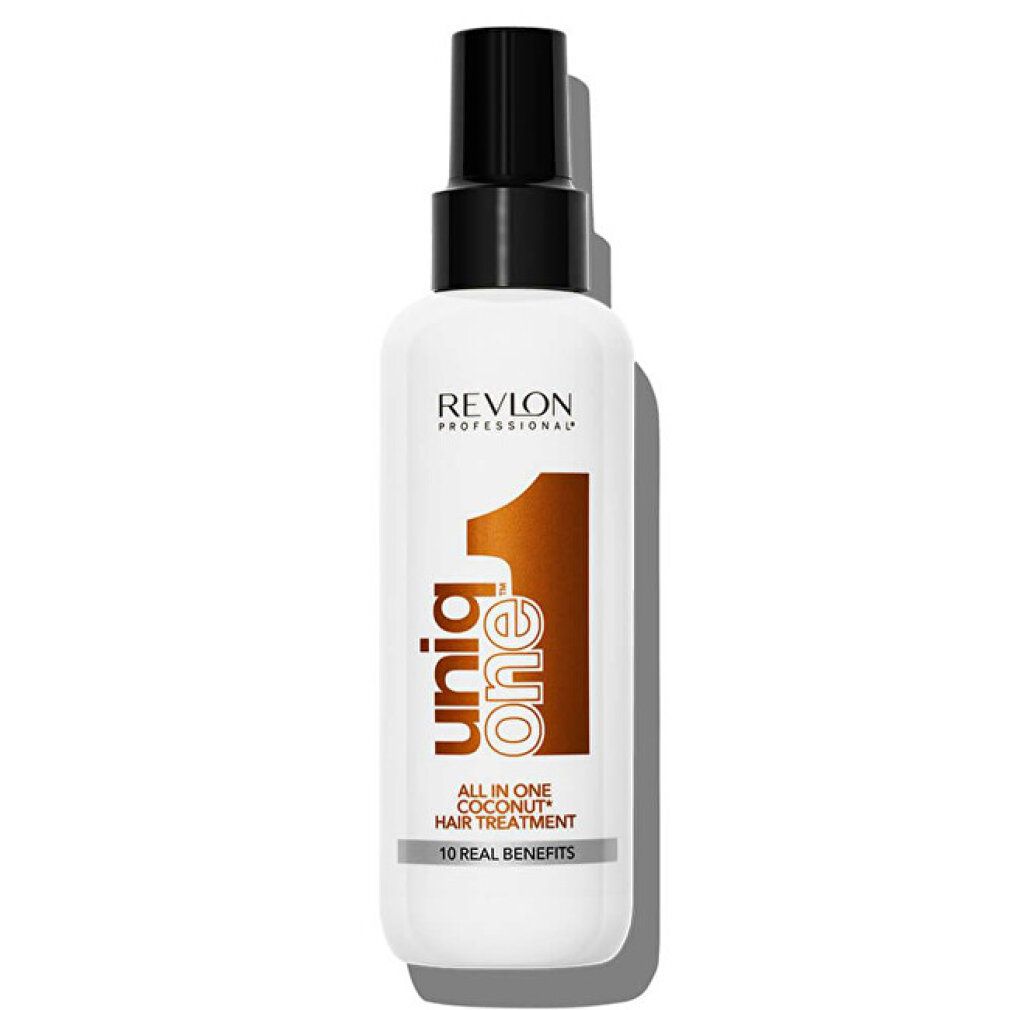 Revlon Uniq One Kokosnuss Haarpflege. Weiße Flasche mit schwarzem Sprühkopf. Aufschrift: All in One Coconut Hair Treatment, 10 Real Benefits.