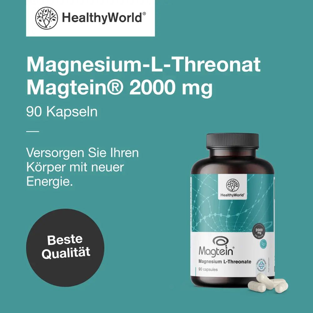 Werbebild mit Flasche und Text. Flasche: HealthyWorld Magtein Magnesium L-Threonat, 2000 mg, 90 Kapseln. Text: Versorgen Sie Ihren Körper mit neuer Energie. Beste Qualität.
