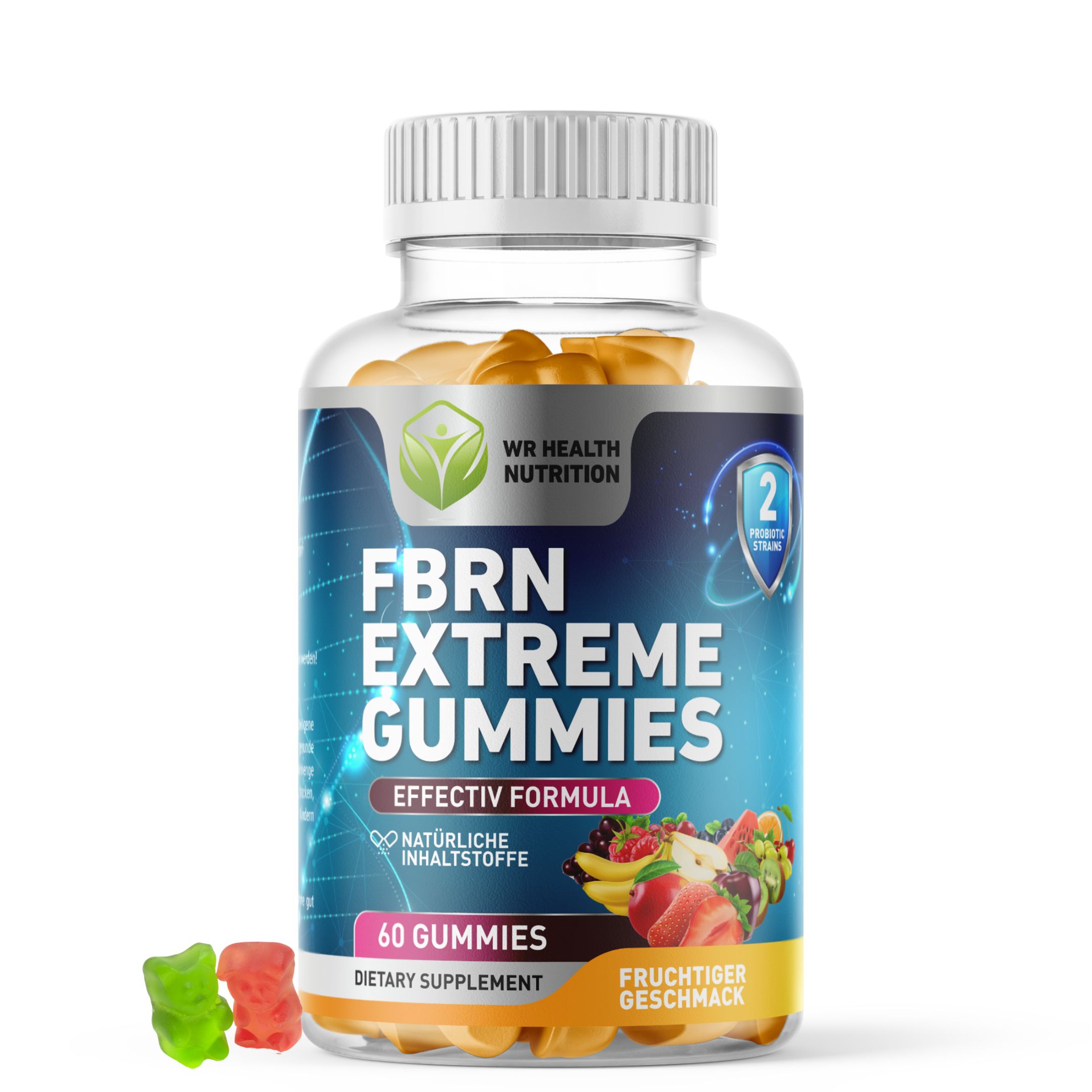 Flasche FBRN Extreme Gummis mit 3 Gummibärchen daneben. Etikett mit Logo, Produktname, 60 Gummis, fruchtiger Geschmack.