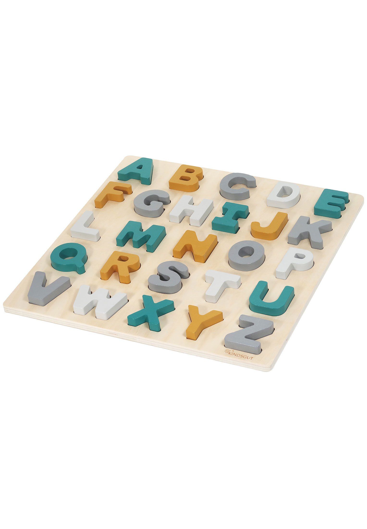 Holzpuzzle mit farbigen Buchstaben. Buchstaben in verschiedenen Farben. Das Puzzle ist quadratisch.
