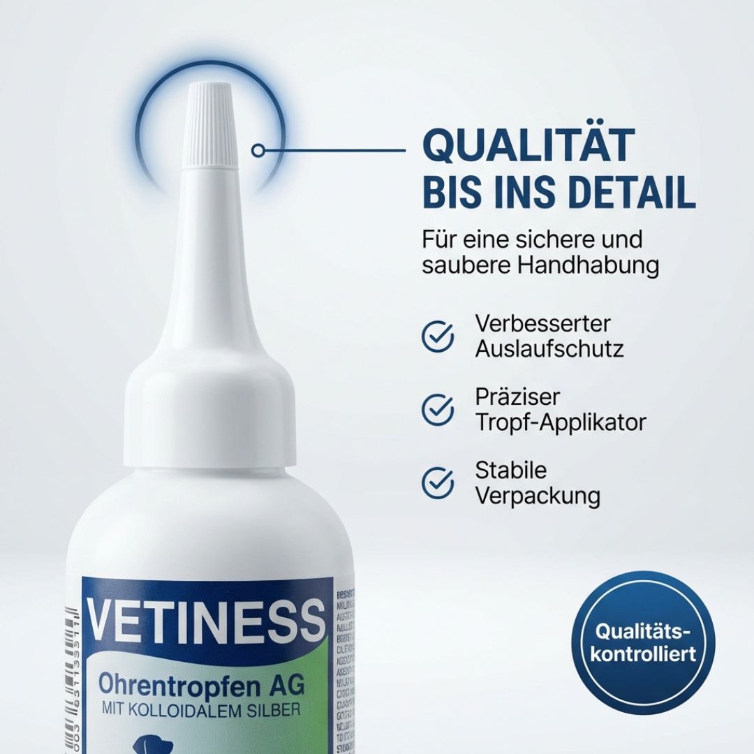 Nahaufnahme der Vetiness Ohrentropfen AG-Flasche. Merkmale: Verbesserter Auslaufschutz, Präziser Tropf-Applikator, Stabile Verpackung. Text: Qualität bis ins Detail.