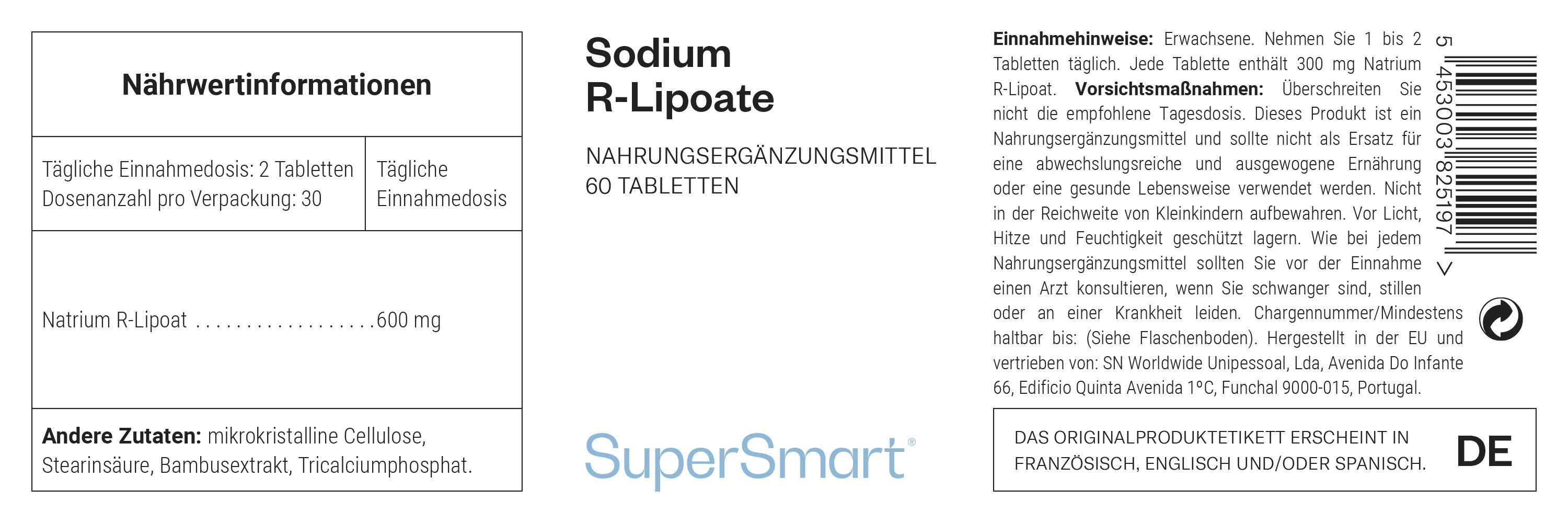 Etikett mit Produktinformationen. Enthält Sodium R-Lipoate, 60 Tabletten. Marke: SuperSmart. Text in Deutsch.