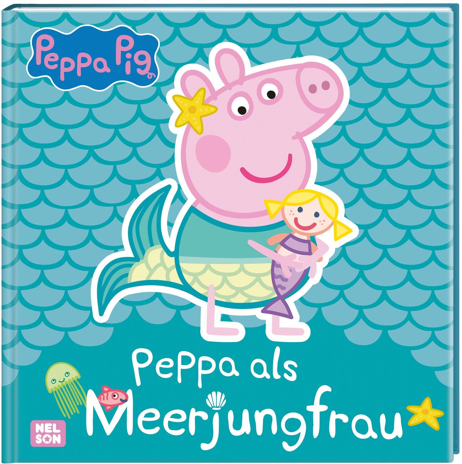 Buchcover mit Peppa Pig als Meerjungfrau. Titel: Peppa als Meerjungfrau. Hintergrund: blaues Wellenmuster.