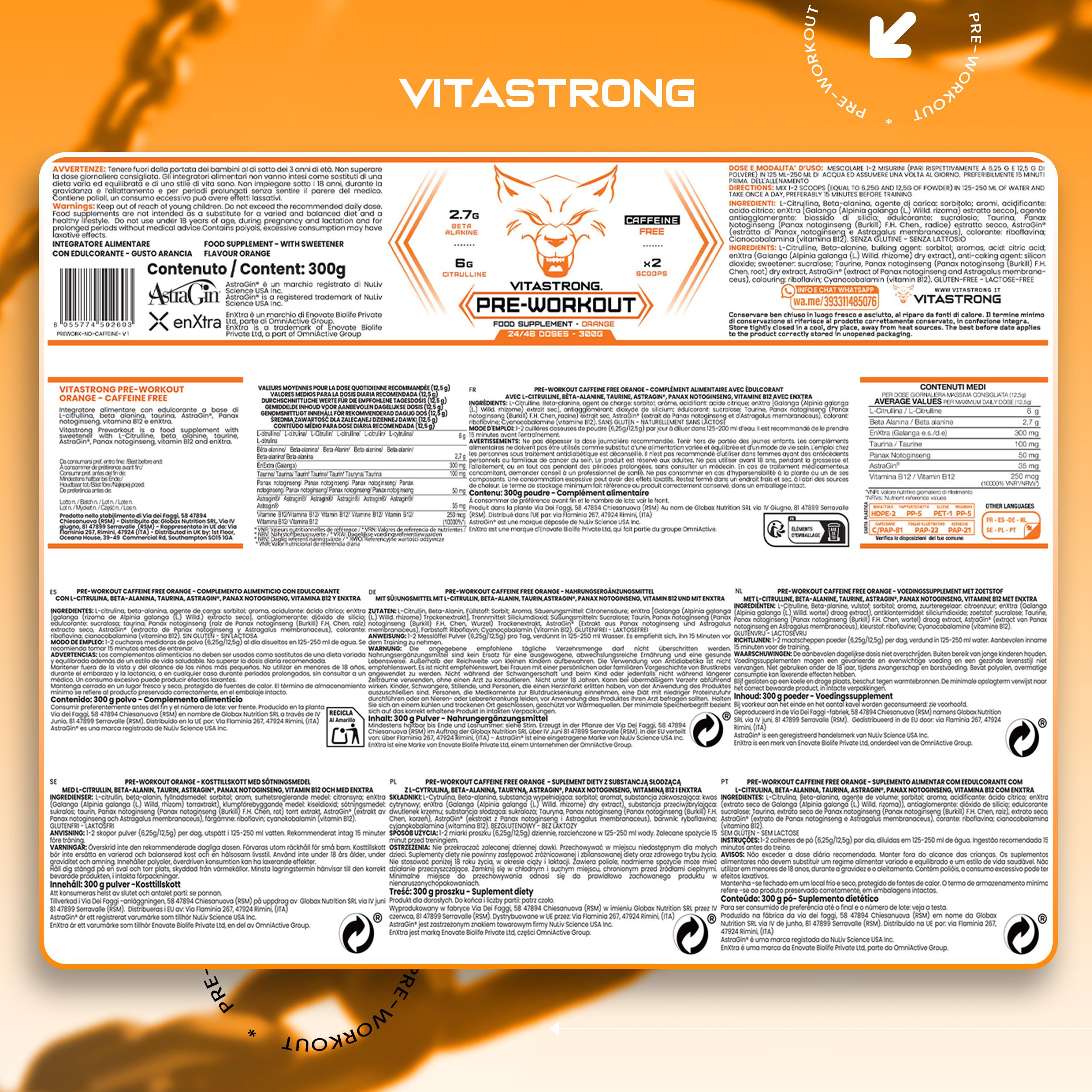 Verpackung Vitastrong Pre-Workout. Text: Food Supplement, 300g. Enthält 2,7g Beta Alanin, 6g Citrullin. Mehrsprachige Informationen.