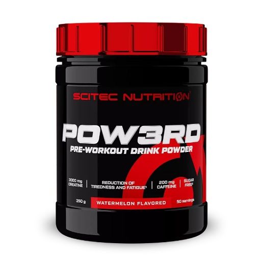 Schwarze Dose mit rotem Deckel. Aufschrift: Scitec Nutrition, POW3RD, Pre-Workout Drink Powder. Geschmack: Wassermelone. Enthält Koffein.