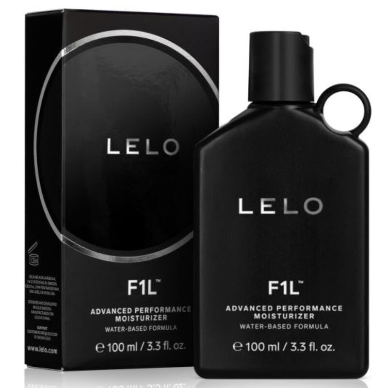 Schwarze Flasche und Verpackung. LELO F1L. Wasserbasiert. Produktname und Logo. 100 ml.