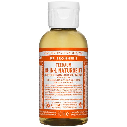 Eine Flasche Naturseife mit orangefarbenem Etikett. Produktname und Marke deutlich sichtbar. Weißer Deckel, transparente Flasche.