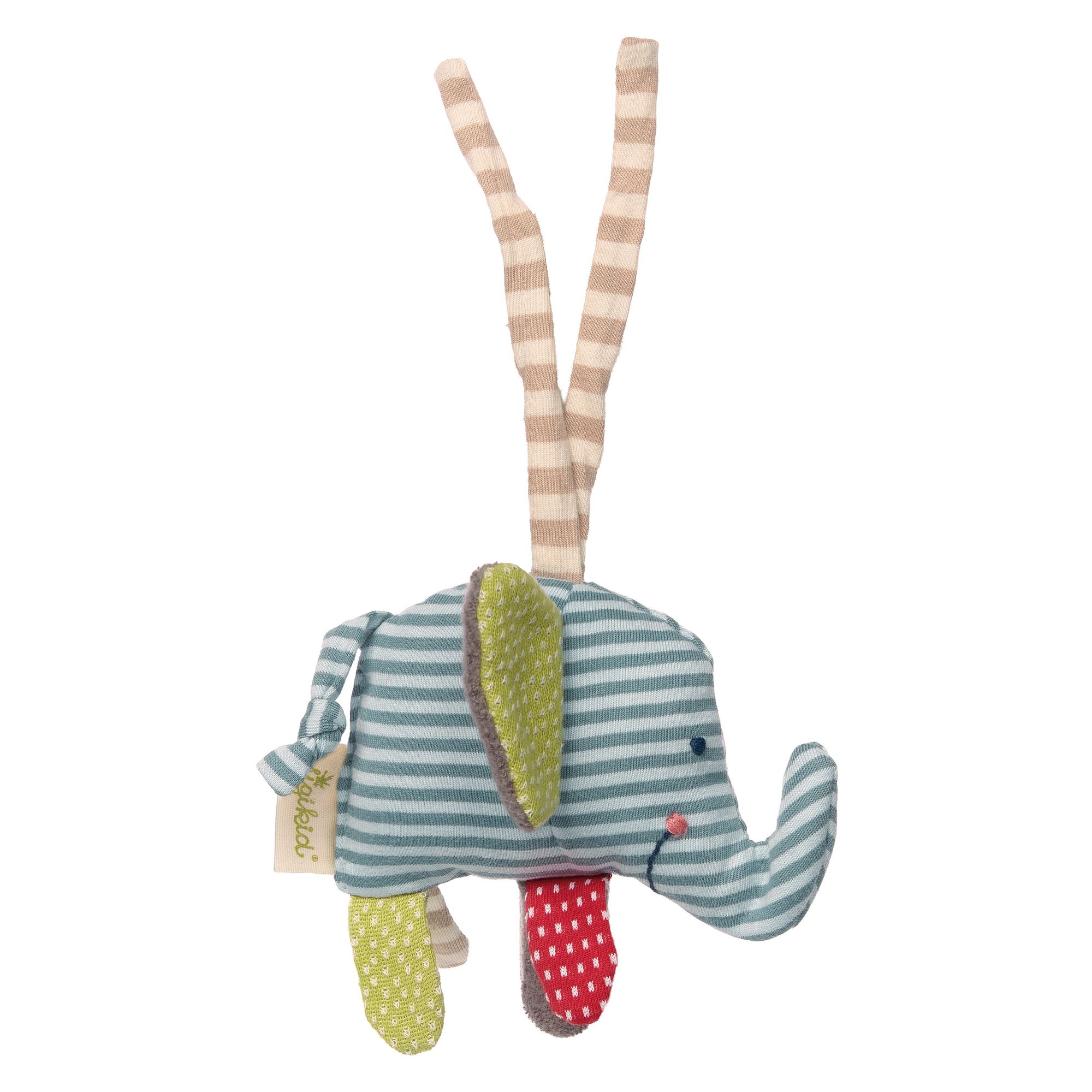 Elefant-Anhänger, grün-gestreift. Ohren und Füße in verschiedenen Mustern. Aufhänger mit Streifen. Label mit Logo.