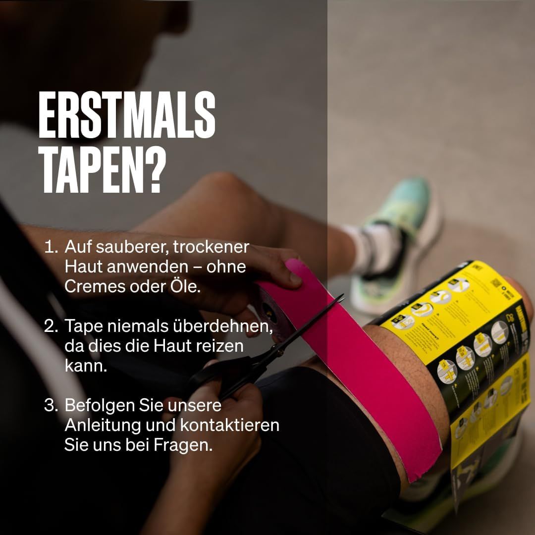 Anwendung von rosa Kinesiologie-Tape am Bein mit Schere. Anleitungsschritte.