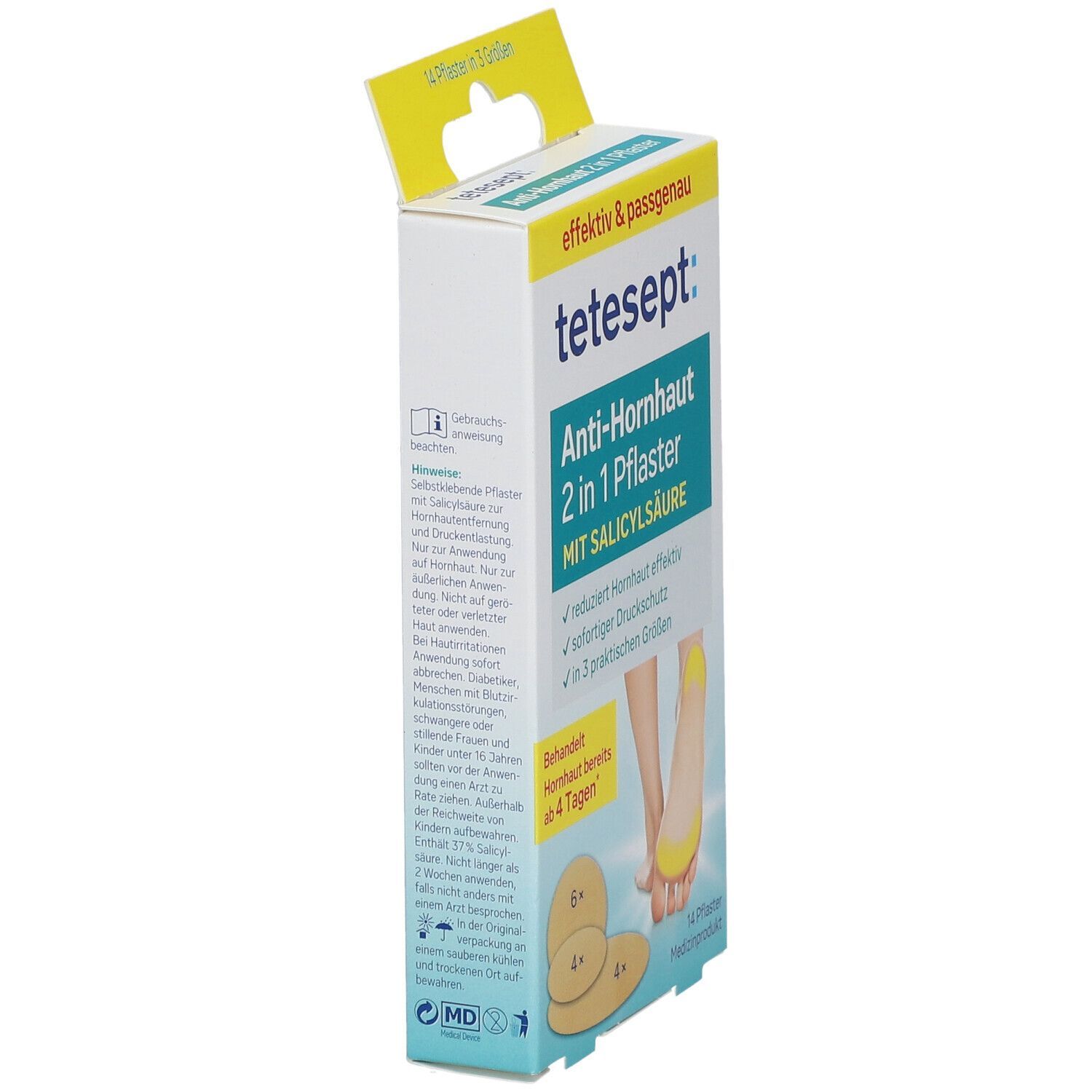 tetesept® Anti-Hornhaut 2 in 1 Pflaster Packung. Enthält Pflaster in verschiedenen Größen. Gelbe und beige Farbtöne.