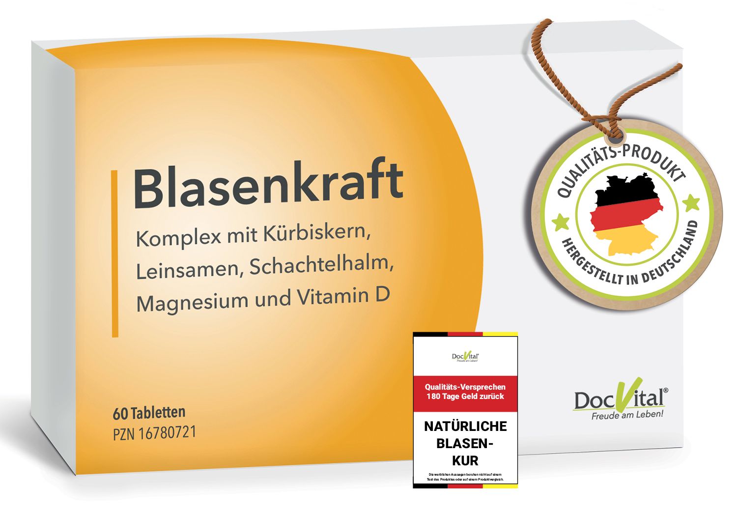 Produktverpackung mit Tabletten. Aufschrift: Blasenkraft, Komplex mit Kürbiskern, Leinsamen, Schachtelhalm, Magnesium und Vitamin D. Mit Siegel.