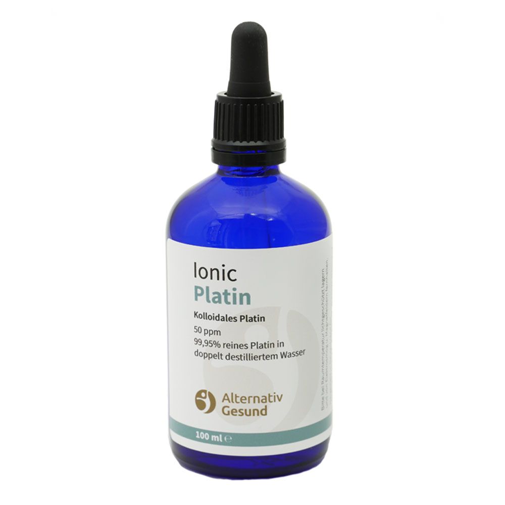 Blaue Glasflasche mit schwarzem Tropfer. Aufschrift: Ionic Platin, Kolloidales Platin, 50 ppm, Alternativ Gesund. 100 ml.