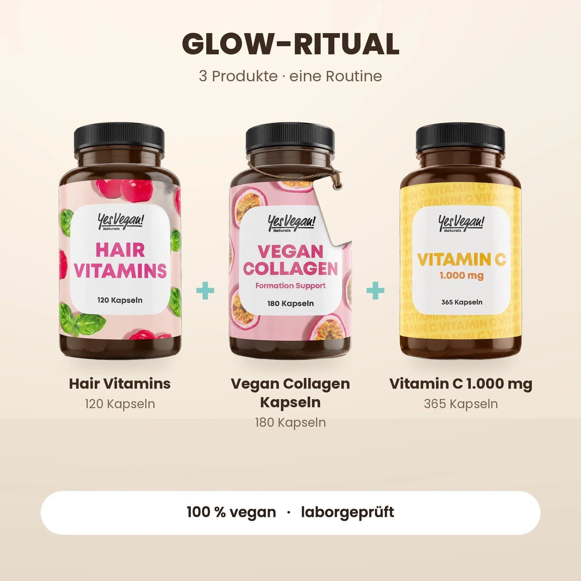 Drei Flaschen Yes Vegan: Hair Vitamins (120), Vegan Collagen (180), Vitamin C (365).