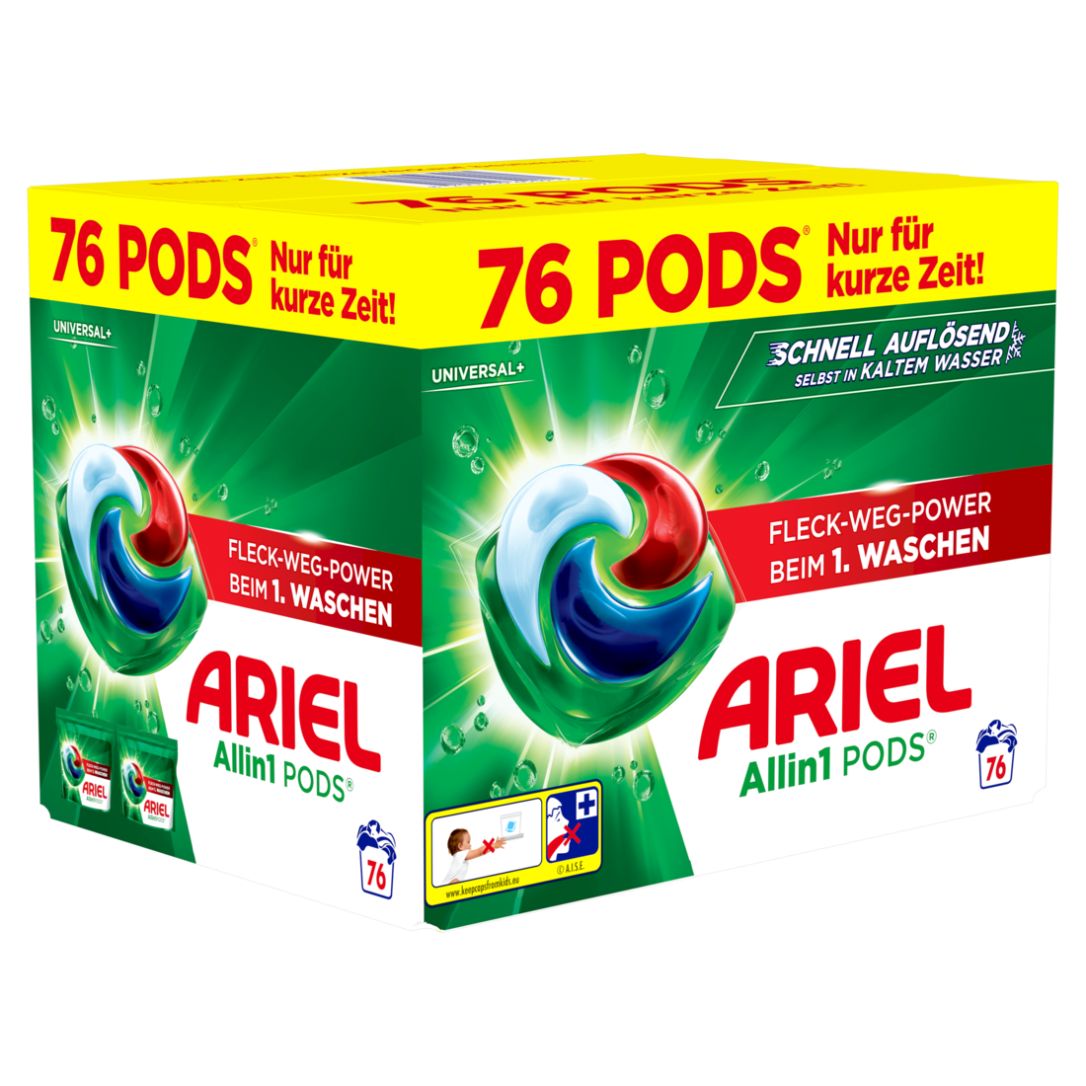 Karton mit Ariel Allin1 PODS. Enthält 76 Waschmittelkapseln. Produkt mit grünen, weißen und roten Kapseln.
