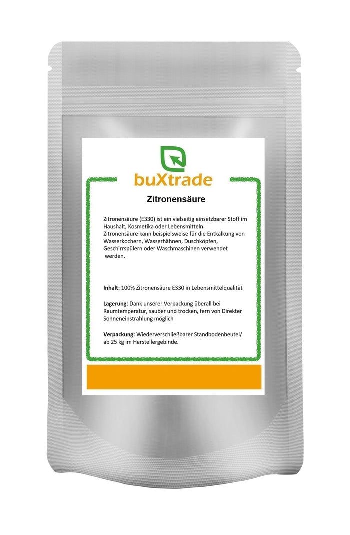 Beutel mit Zitronensäure. Aufschrift: buXtrade, Zitronensäure. Text in Grün auf weißem Hintergrund. Wiederverschließbarer Standbodenbeutel.