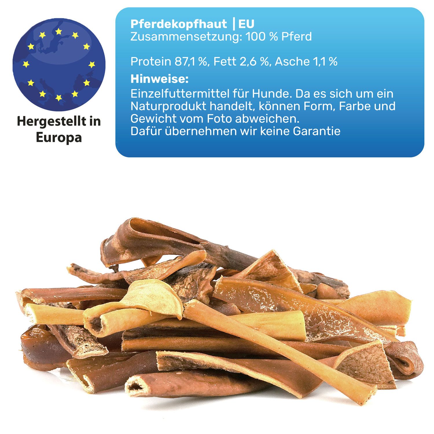 Haufen von getrockneten Kauplatten. Blaue Infobox mit Text: Zusammensetzung, Hinweise. EU-Siegel.