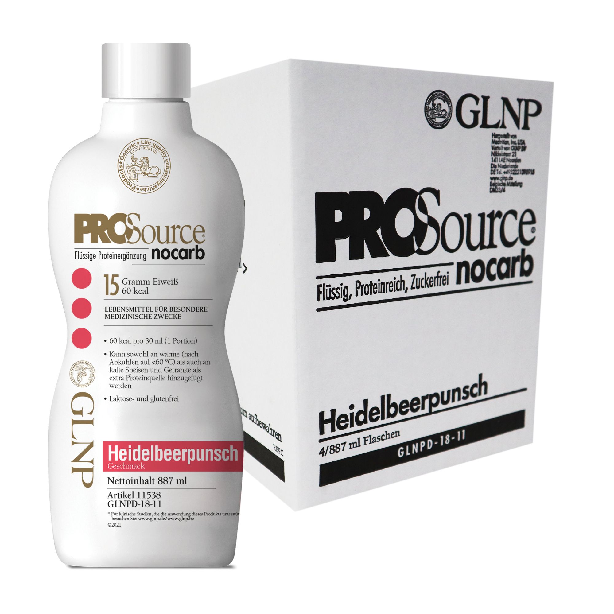 PROSource Nocarb-Flasche neben Karton. Karton mit PROSource-Logo, Heidelbeerpunsch, zuckerfrei. GLNP-Logo.