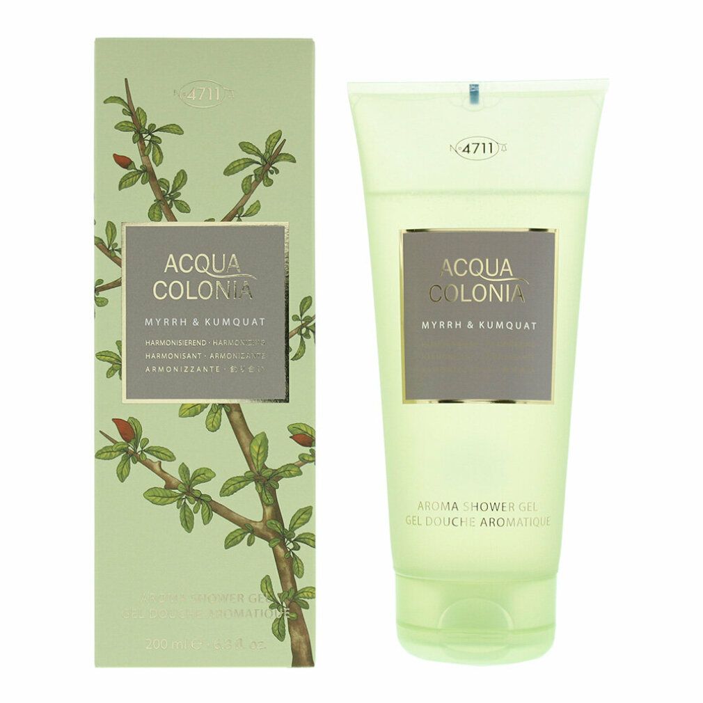Tubo e scatola verdi. Sul tubo 'Acqua Colonia Myrrhe & Kumquat'. Scatola con motivo vegetale e nome del prodotto.