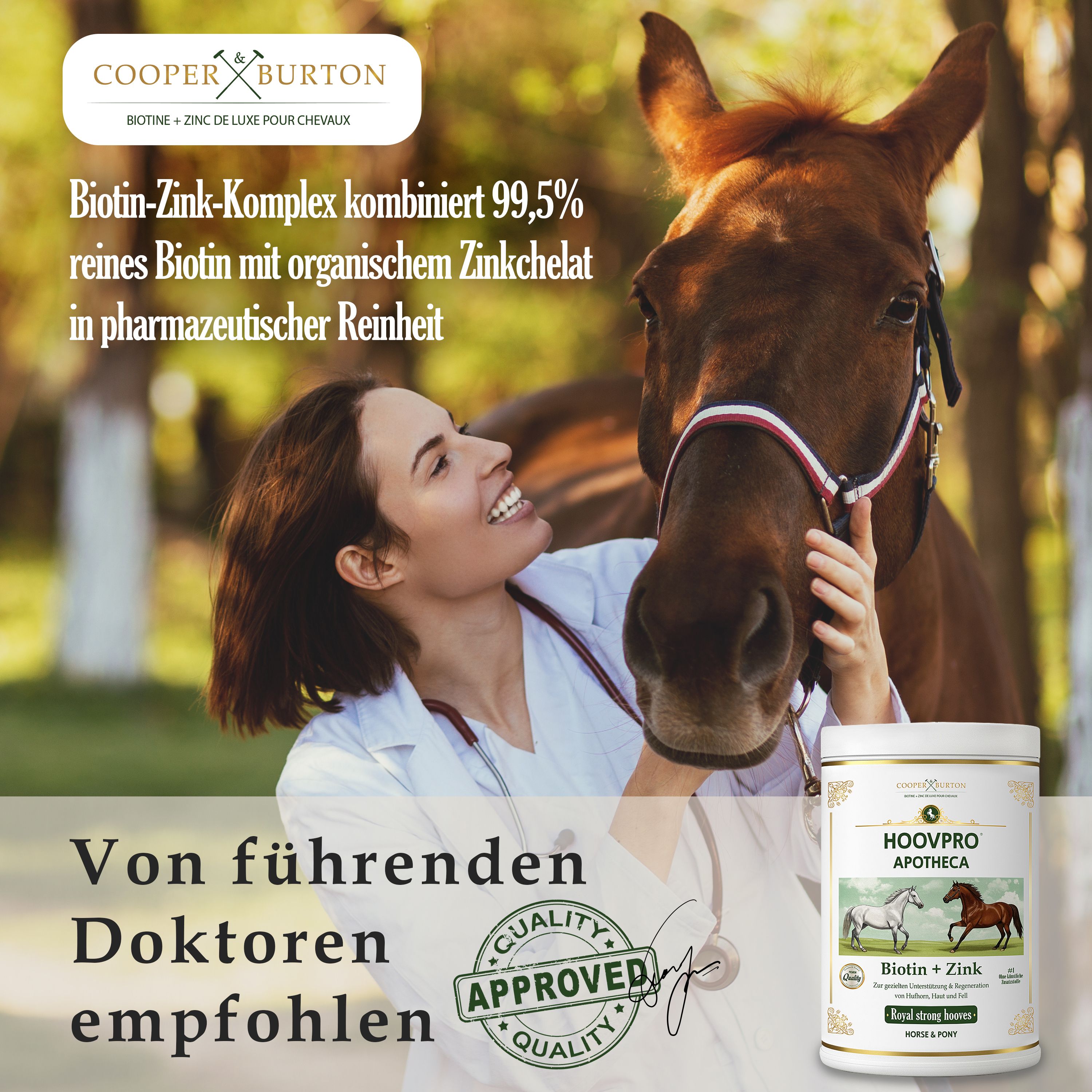 Frau mit Pferd und Produkt HOOVPRO APOTHECA. Text: Biotin-Zink-Komplex. Von führenden Doktoren empfohlen.