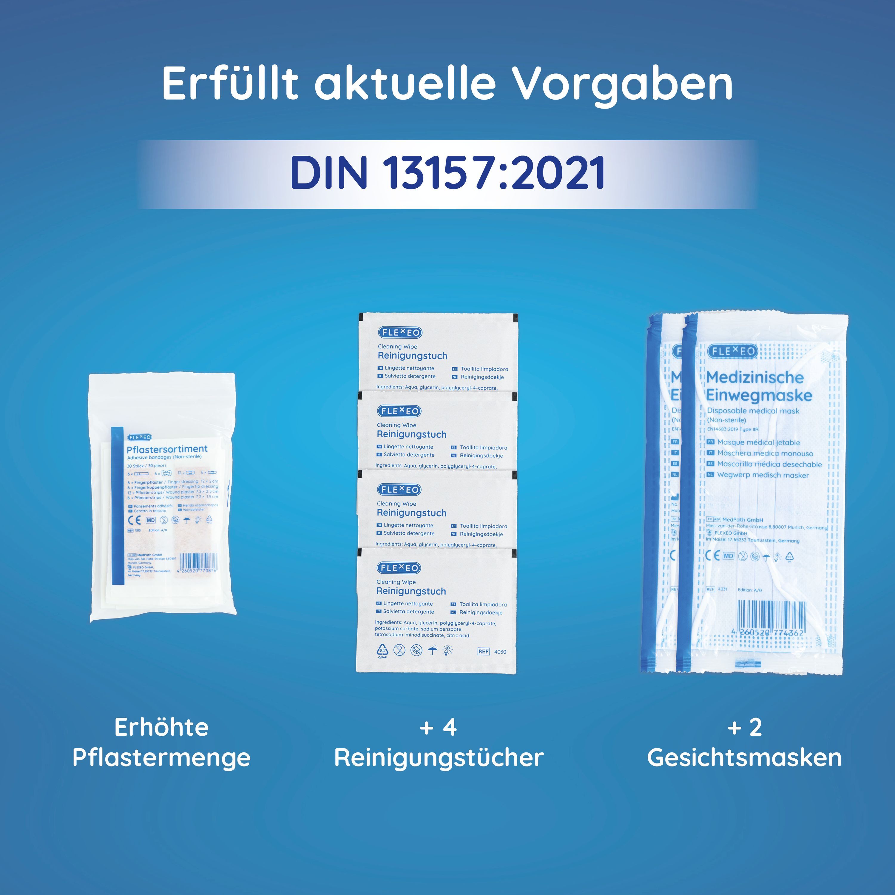 Verpackung mit Pflaster, Reinigungstüchern und Gesichtsmasken. Aufschrift: Medizinische Einwegmaske.