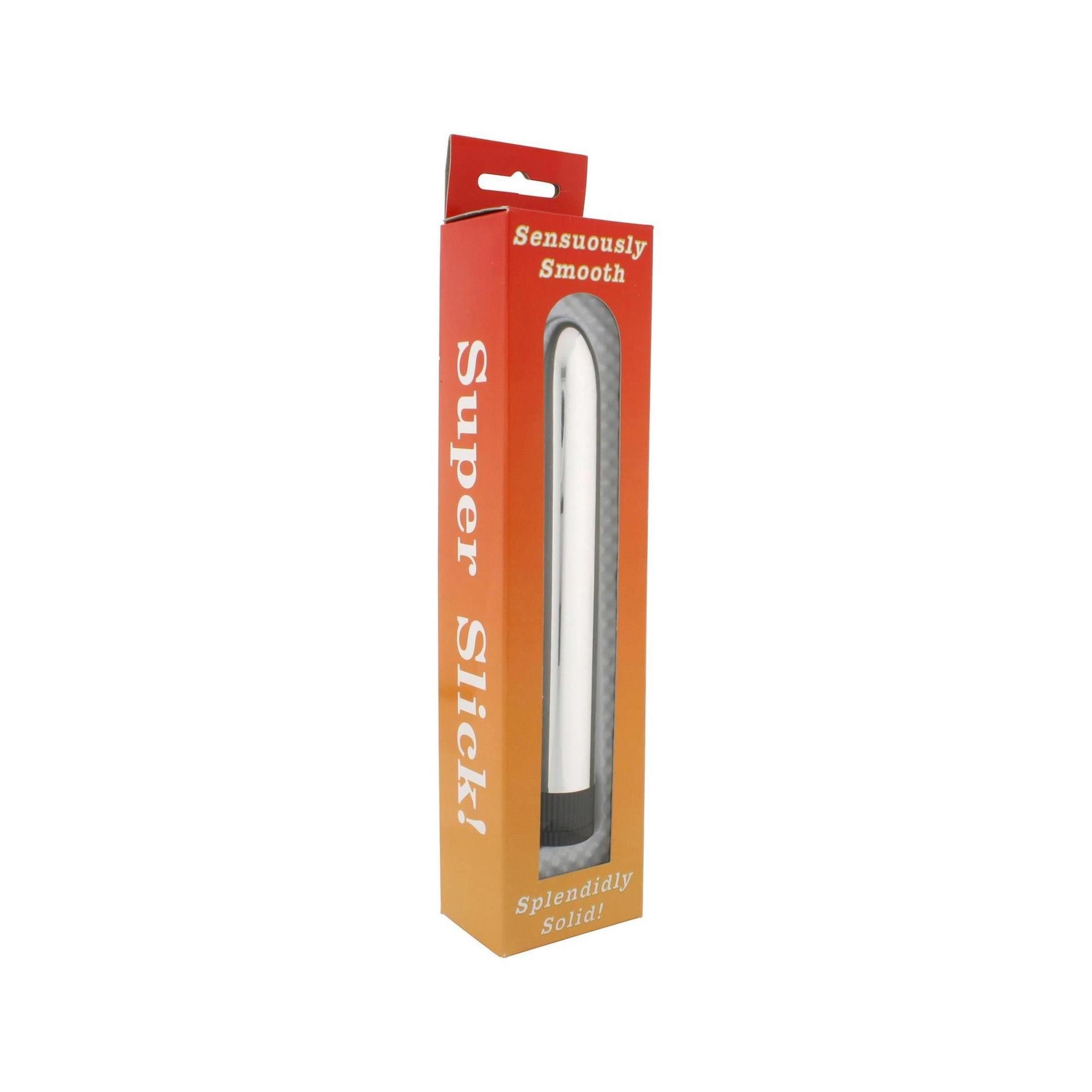 Zylindrischer Vibrator in Verpackung. Orangefarbene Schachtel mit Sichtfenster. Aufschrift: Super Slick!