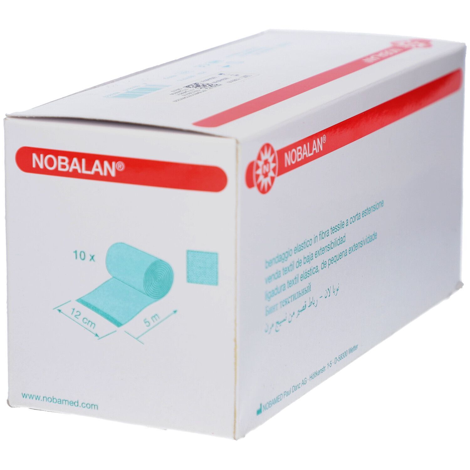 Verpackung von NOBALAN® Kurzzugbinde. Box mit Produktabbildung und Text. 12 cm x 5 m, 10 Stück. Textilelastisch, 100 % Baumwolle.