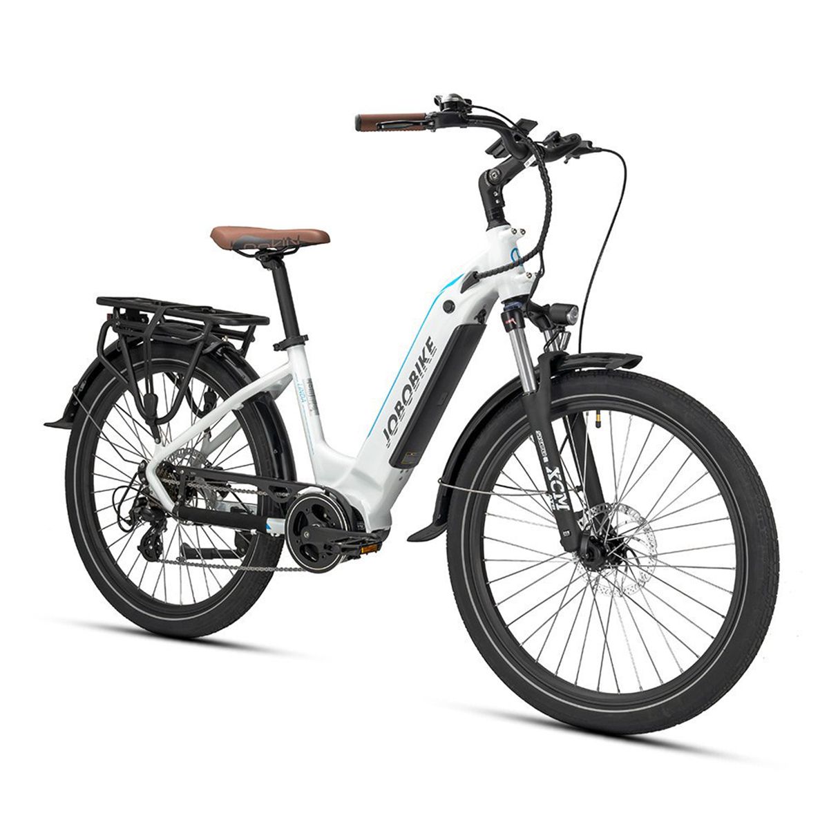 Weißes E-Bike JOBOBIKE Linda mit braunem Sattel und Lenkergriffen. Schwarze Schutzbleche und Gepäckträger. Blaue Akzentlinie.