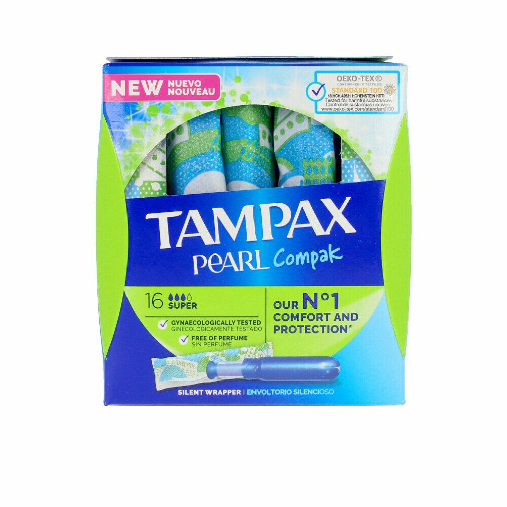 Verpackung mit Tampons. Marke: Tampax Pearl Compak. 16 Super. Mit OEKO-TEX-Zertifizierung.