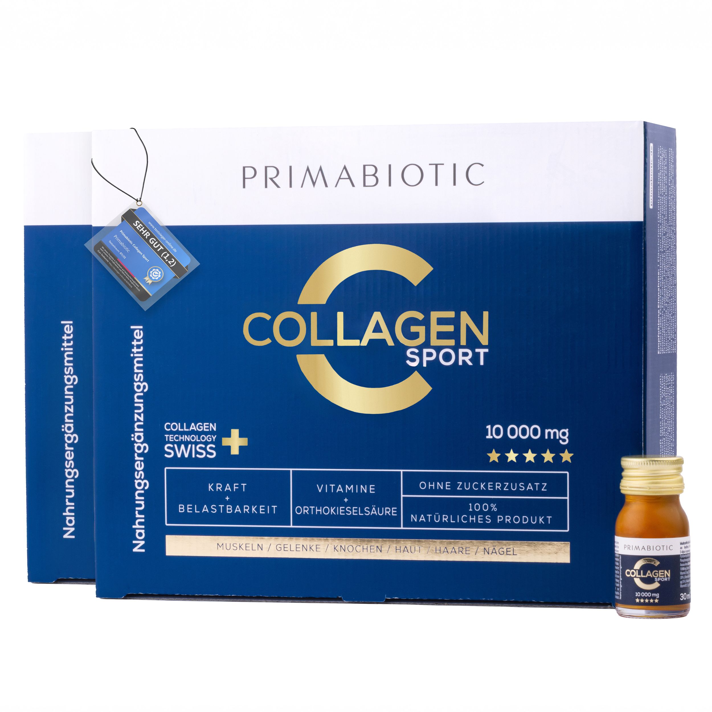 Blau-weiße Box mit Primabiotic Collagen Sport. Enthält 60 Flaschen. Eine einzelne Flasche daneben.