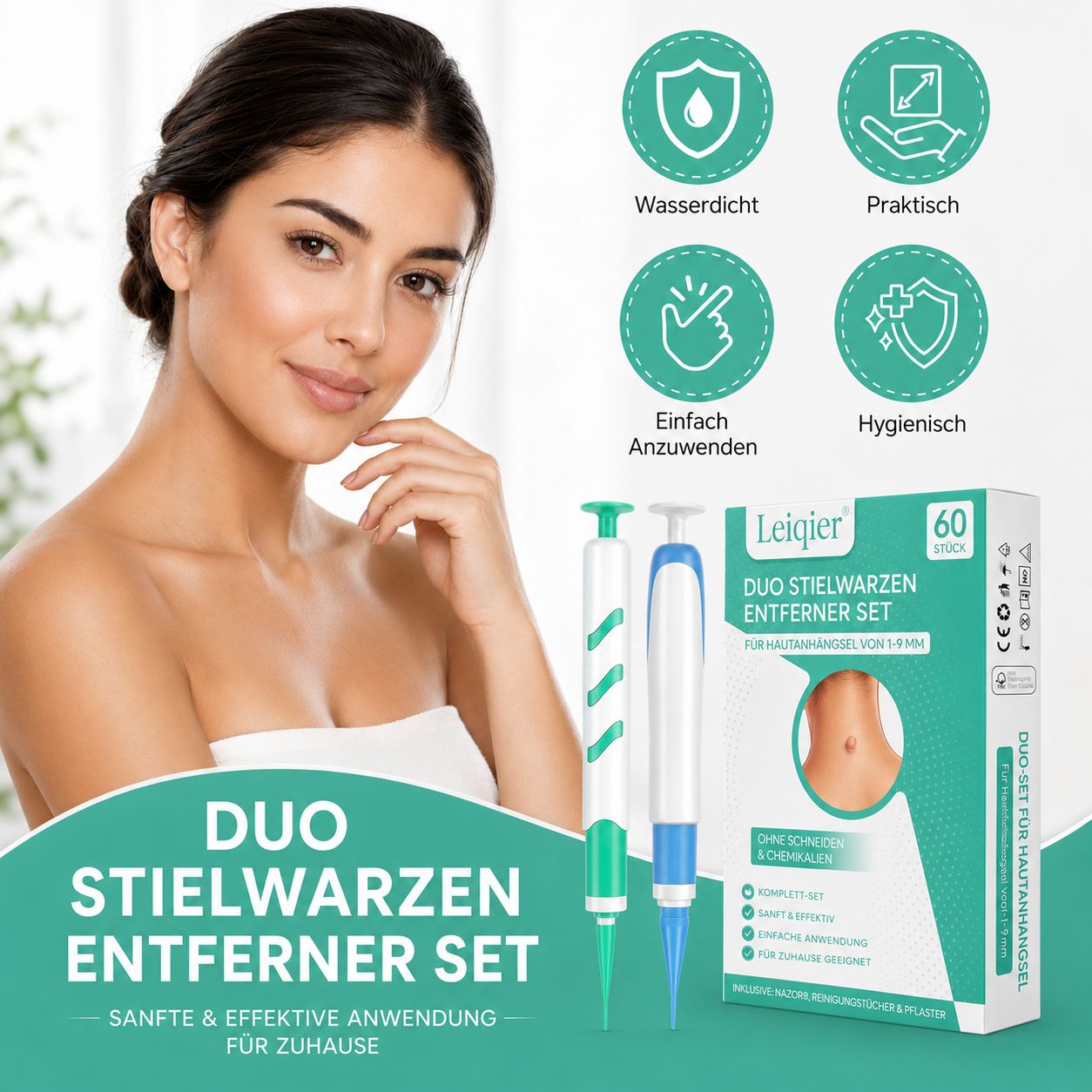 Frau neben Leiqier 2-in-1 Set zur Entfernung von Stielwarzen. Symbole für wasserdicht, praktisch, einfach, hygienisch.