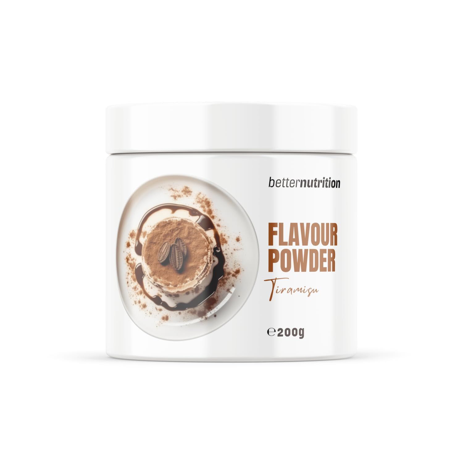 Weißes Produktgebinde mit Aufschrift. Text: better nutrition, Flavour Powder, Tiramisu, e200g. Abbildung: Dessert mit Kakaopulver.
