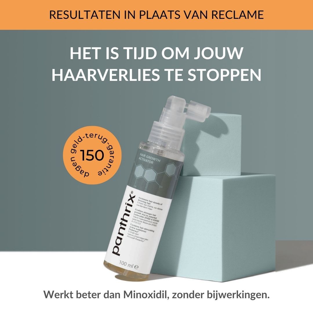 Productfles op blauwe kubus. Tekst: Het is tijd om je haaruitval te stoppen. 150 dagen geld-terug-garantie.