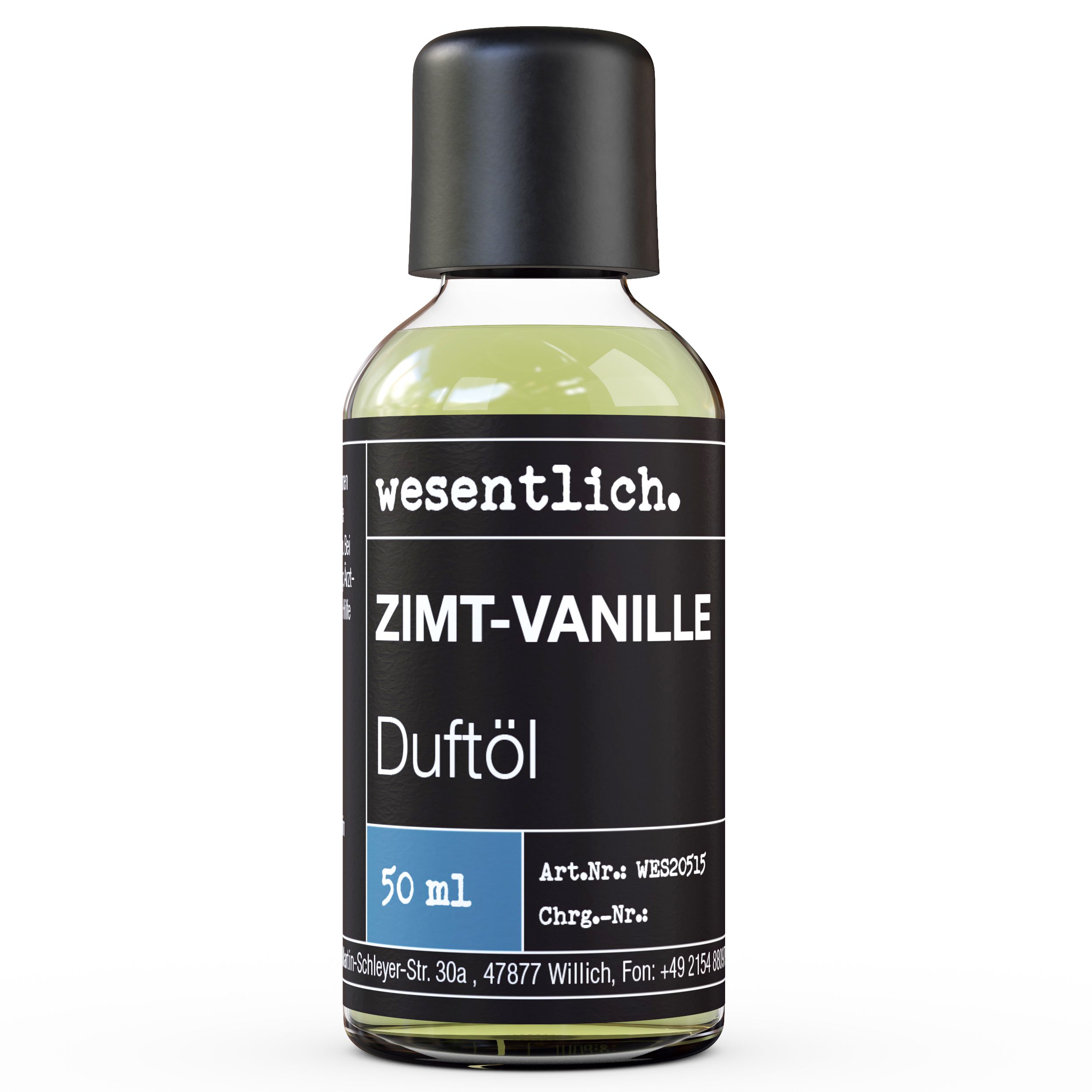 Braune Glasflasche mit schwarzem Deckel. Aufschrift: wesentlich., ZIMT-VANILLE, Duftöl. Blaue Box mit 50 ml.
