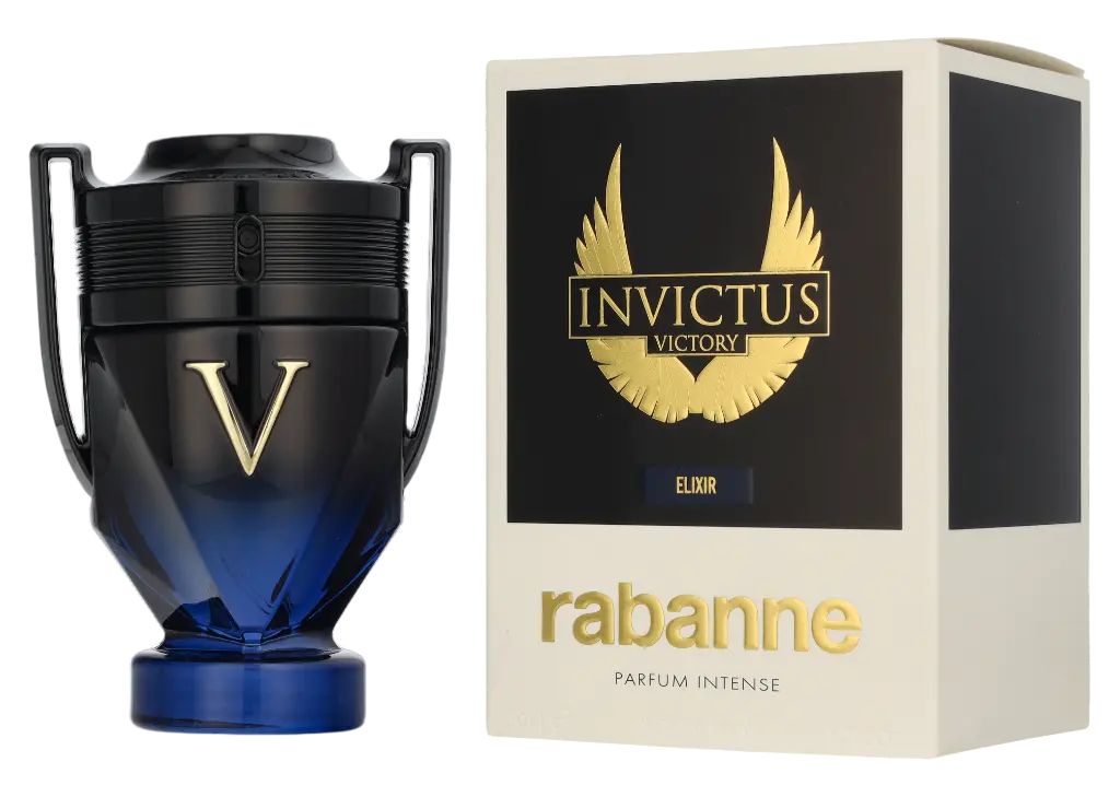 Dunkelblauer Flakon mit goldfarbenem "V". Daneben Schachtel mit "Invictus Victory Elixir" und "rabanne" Schriftzug.