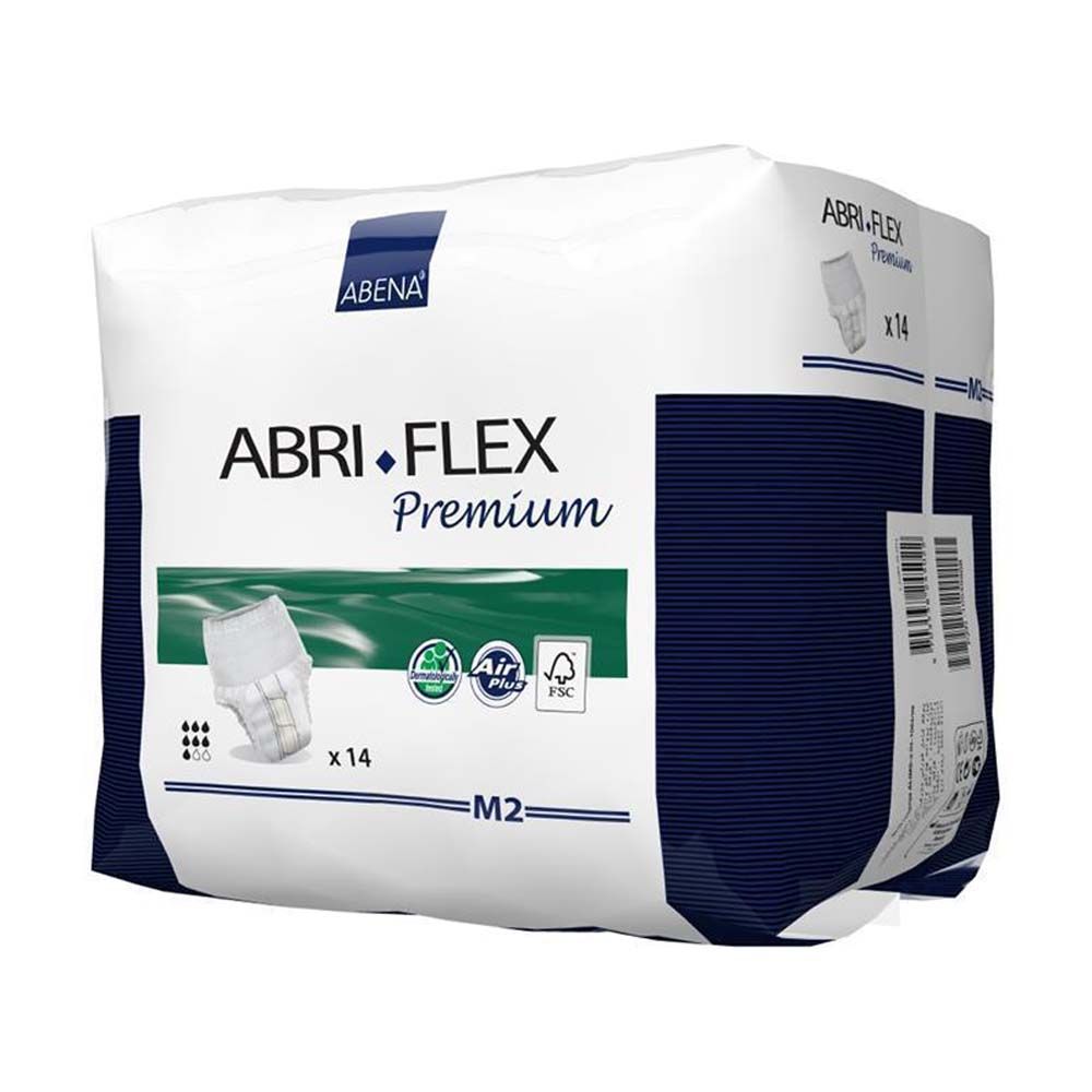 Abena Abri-Flex Premium M2. Verpackung mit Produktabbildung, Logo und Schriftzug. Enthält 14 Stück. Mit Air Plus und FSC-Siegel. Seitenansicht.