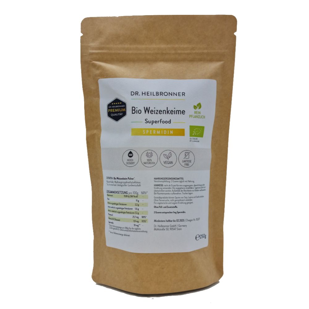 Beutel mit Produktinformationen. Aufschrift: DR. HEILBRONNER Bio Weizenkeime Superfood Spermidin. Mit Bio-Siegel.