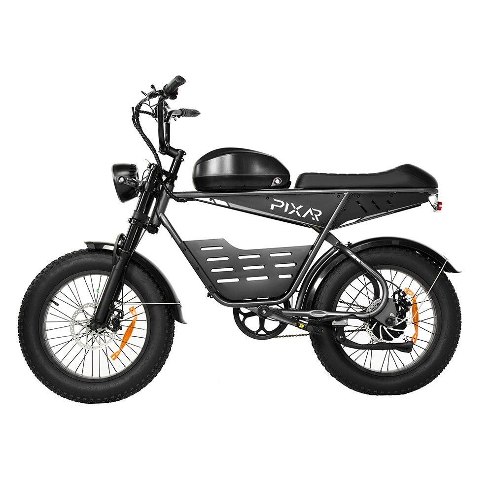 Seitenansicht des schwarzen Elektro-Offroad-Bikes. Schwarzer Rahmen, Reifen und Sitz. PIXAR-Logo.