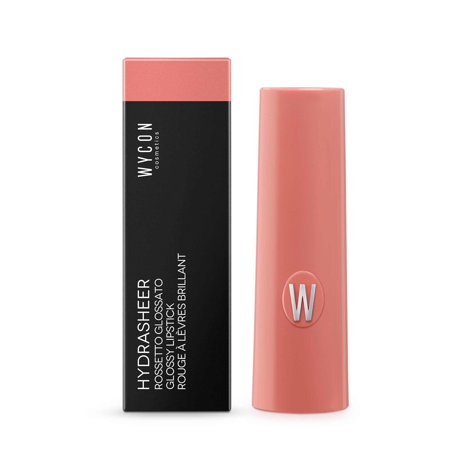 WYCON Cosmetics Hydrasheer Glossy Lipstick color pesca. Prodotto e confezione mostrati.