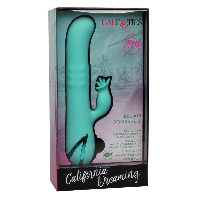 Türkisfarbener Vibrator in Verpackung. Aufschrift: Bel Air Bombshell, CalExotics. Details.