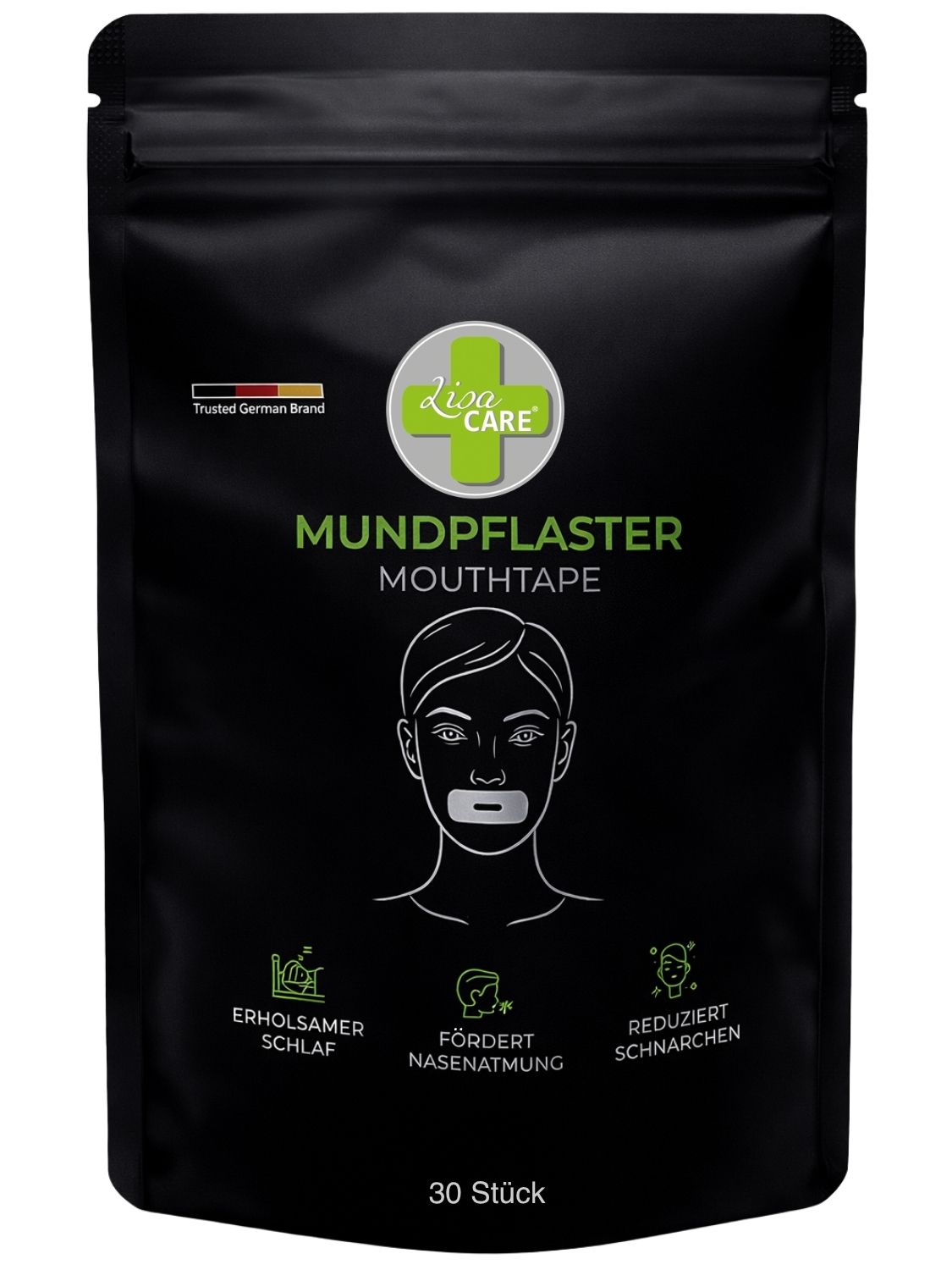 Schwarze Verpackung mit Mundpflaster-Logo und Produktname. 30 Stück. Erholsamer Schlaf, fördert Nasenatmung, reduziert Schnarchen.