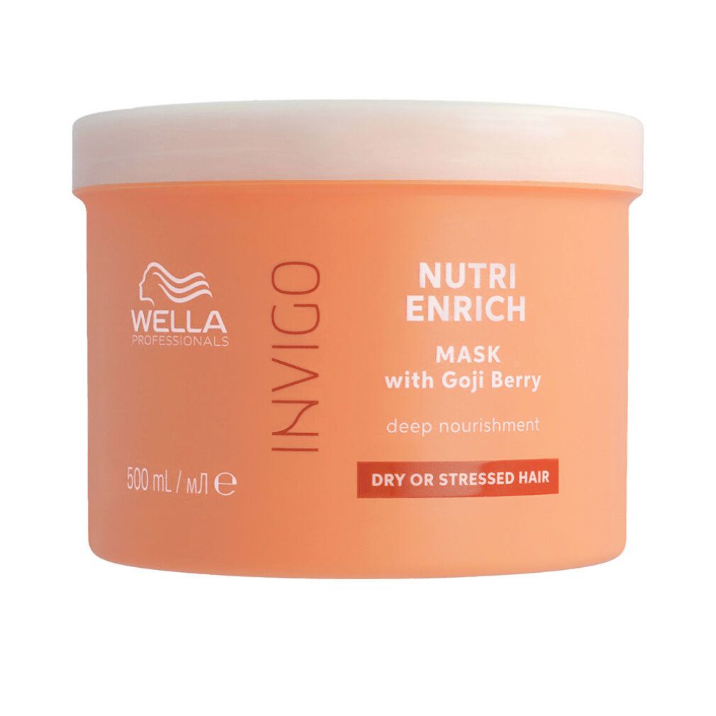 Orangefarbene Dose mit weißem Deckel. Text: INVIGO, Nutri-Enrich Mask with Goji Berry, deep nourishment, DRY OR STRESSED HAIR.