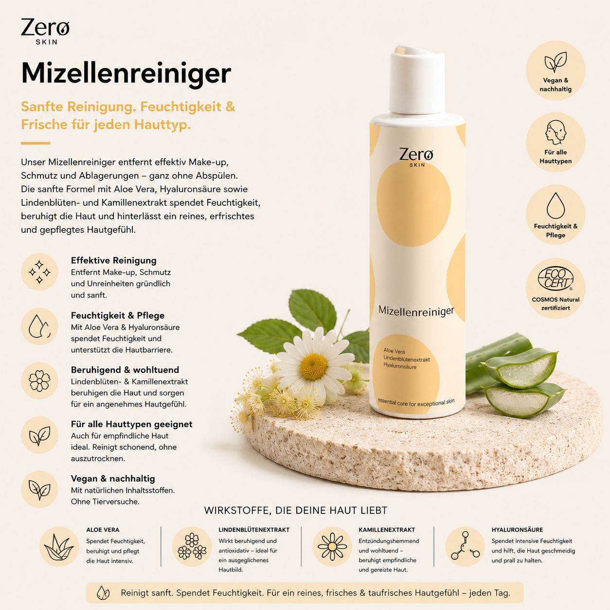 Produkt mit Text, Kamille, Aloe Vera und weiteren Inhaltsstoffen. Auf Stein platziert.